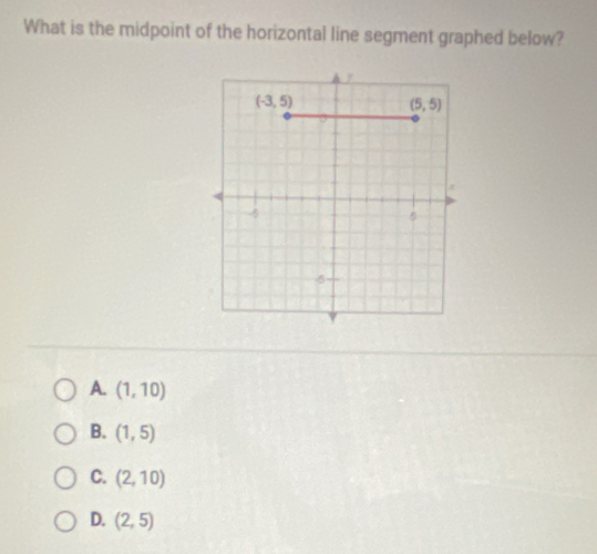 What is the midpoint of the horizontal line segment graphed below?
A. (1,10)
B. (1,5)
C. (2,10)
D. (2,5)