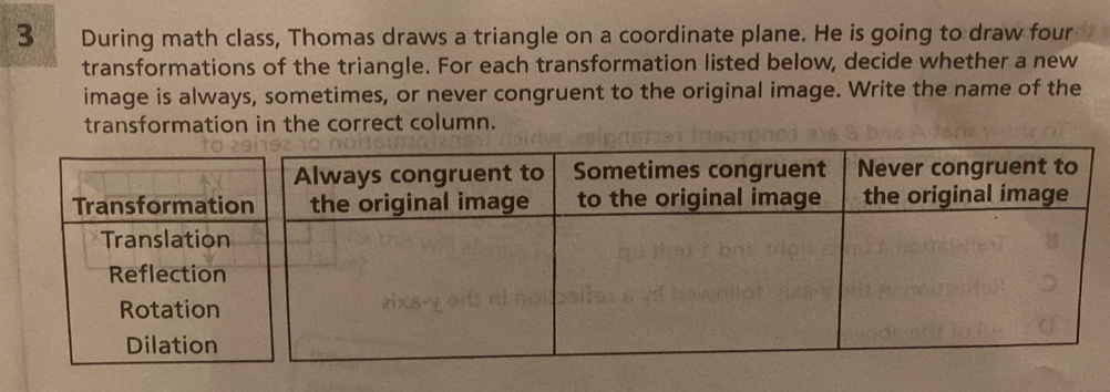 During math class, Thomas draws a triangle on a coordinate plane. He is going to draw four 
transformations of the triangle. For each transformation listed below, decide whether a new 
image is always, sometimes, or never congruent to the original image. Write the name of the 
transformation in the correct column.