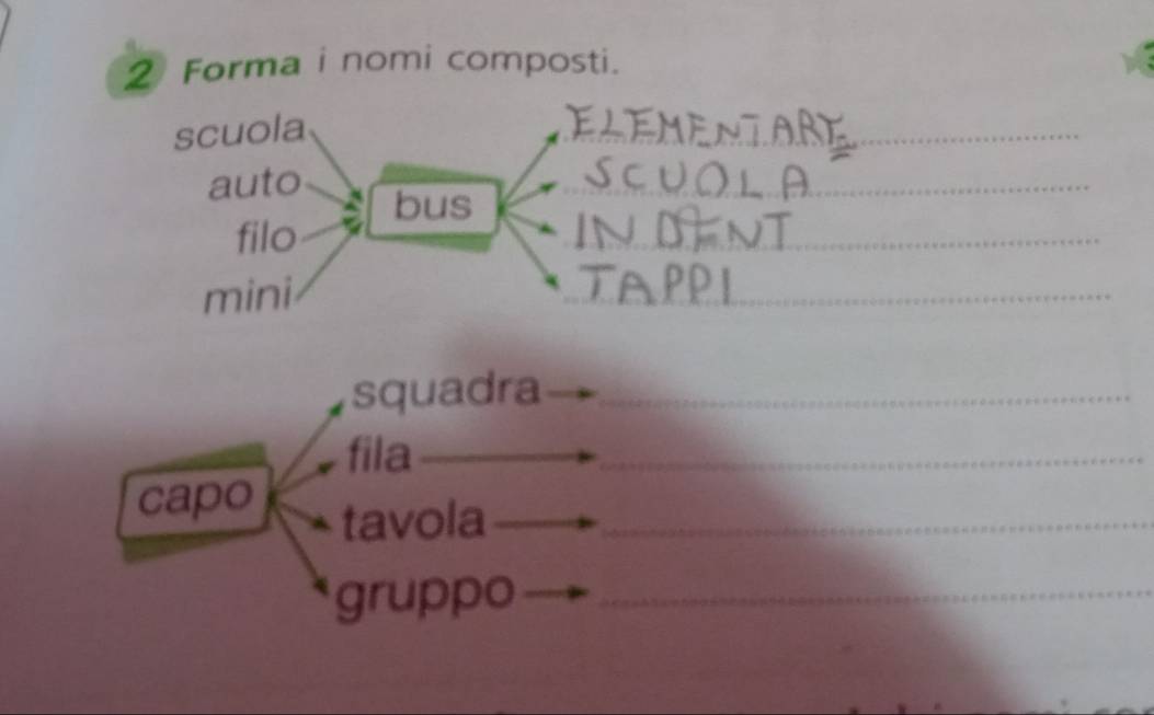 Forma i nomi composti. 
scuola 
_ 
auto 
_ 
_ 
bus 
filo 
mini 
_ 
squadra_ 
fila 
_ 
capo 
tavola_ 
gruppo_ 
_