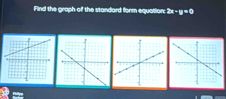 Find the graph of the standard form equation: 2x-y=0