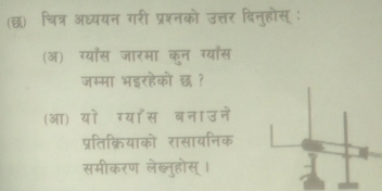 (छ) चित्र अध्ययन गरी प्रश्नको उत्तर दिनुहोस् : 
(ऑ) ग्याँस जारमा कन ग्याँस 
जम्मा भइरहेको छ ? 
(आ) यो ग्याँस बनाउने 
प्रतिक्रियाको रासायनिक 
समीकरण लेब्नुहोस् ।