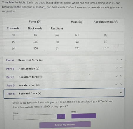 Complete the table. Each row describes a different object which has two forces acting upon it - one
forwards (in the direction of motion), one backwards. Define forces and accelerations acting forwards
as positive.
Part A Resultant force (a)
Part B Acceleration (b)
Part C Resultant force (c)
Part D Acceleration (d)
Part E Forward force (e)
What is the forwards force acting on a 120 kg object if it is accelerating at 6.7m/s^2 and
has a backwards force of 350 N acting upon it?
Value Units
Check my answer