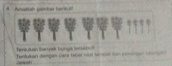 Amatilah gambar berikut! 
Tentukan banyak bunga tersebut! 
Tentukan dengan cara tebel nilal tempal dan pasengen beanga 
Jawab