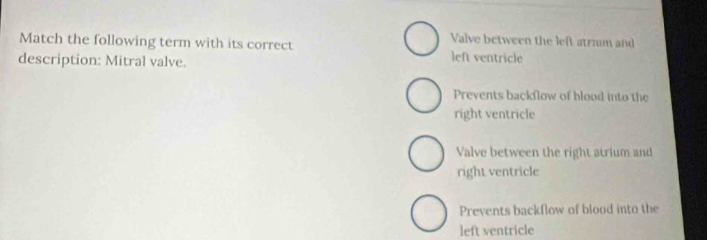 Match the following term with its correct
Valve between the left strium and
description: Mitral valve.
left ventricle
Prevents backflow of blood into the
right ventricle
Valve between the right atrium and
right ventricle
Prevents backflow of blood into the
left ventricle