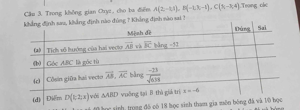 Trong không gian Oxyz, cho ba điểm A(2;-1;1),B(-1;3;-1),C(5;-3;4).Trong các
ẳng định nào sai ?
40 học sinh, trọng đó có 18 học si