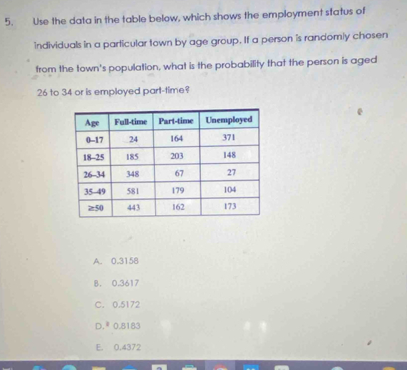 Use the data in the table below, which shows the employment status of
individuals in a particular town by age group. If a person is randomly chosen
from the town's population, what is the probability that the person is aged
26 to 34 or is employed part-time?
A. 0.3158
B. 0.3617
C. 0.5172
D.* 0.8183
E. 0.4372