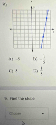 A) −5 B) - 1/5 
C) 5 D)  1/5 
9. Find the slope
Choose