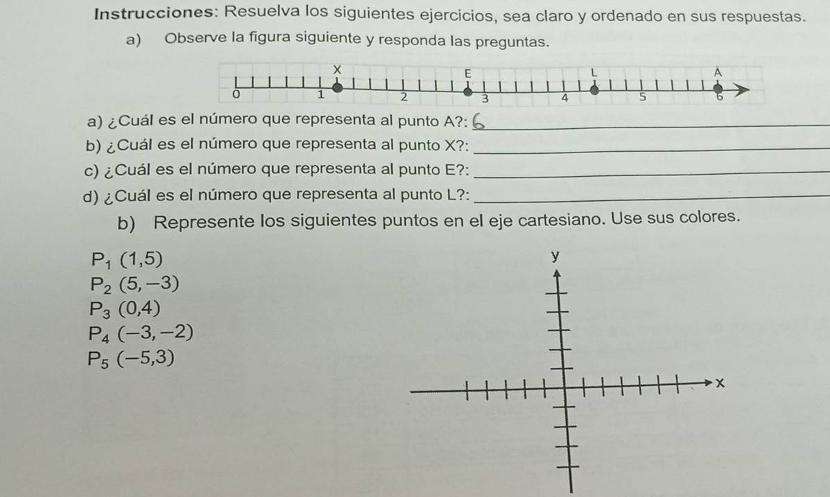 Instrucciones: Resuelva los siguientes ejercicios, sea claro y ordenado en sus respuestas. 
a) Observe la figura siguiente y responda las preguntas. 
a) ¿Cuál es el número que representa al punto A?:_ 
b) ¿Cuál es el número que representa al punto X?:_ 
c) ¿Cuál es el número que representa al punto E?:_ 
d) ¿Cuál es el número que representa al punto L?:_ 
b) Represente los siguientes puntos en el eje cartesiano. Use sus colores.
P_1(1,5)
P_2(5,-3)
P_3(0,4)
P_4(-3,-2)
P_5(-5,3)