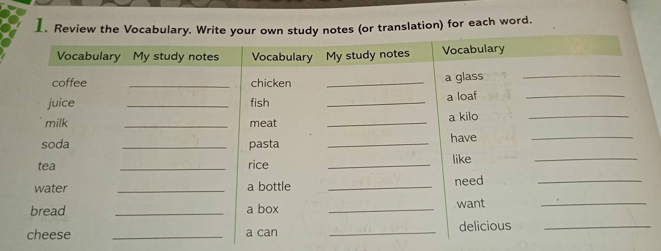 Review the Vocabulary. Write notes (or translation) for each word.