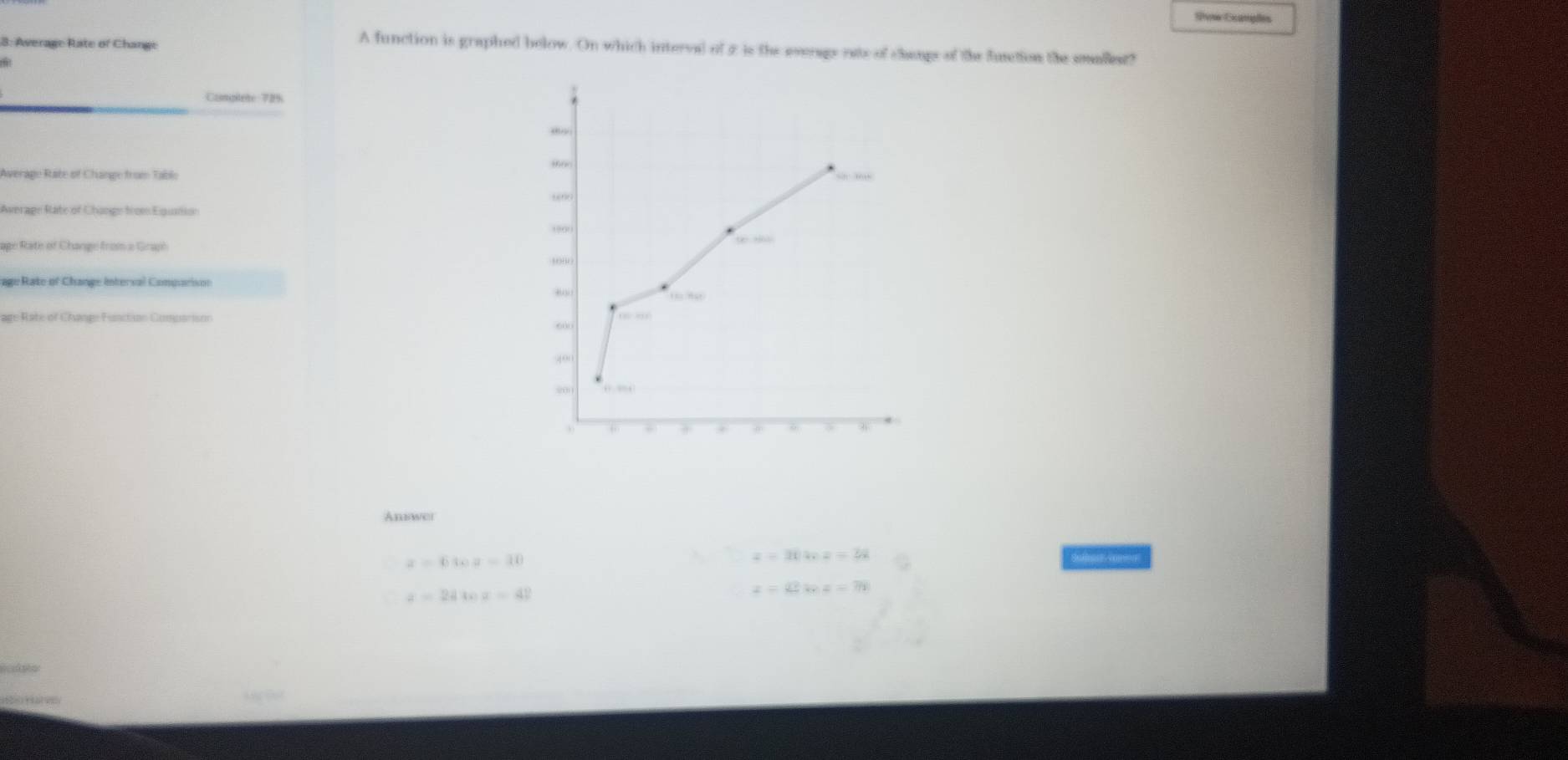 Sow Gcamples
3: Average Rate of Chang
A function is graphed below. On which interval of 2 is the everags oats of chaups of the fusction the sllest?
Complete 72%
Average Rate of Change from Table 
Average Rate of Change from Equmion
age Rate of Change from a Graph
Jage Rate of Change Interval Comparison
age Rate of Change Function Comparison
Answer
z=6wz=10
z=30ln z=28
z=24wx=42
z=Qln z=?