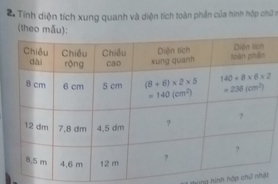 Tính diện tích xung quanh và diện tích toàn phần của hình hộp chữ n
(theo mẫu):
thùng hình hộp chữ nh