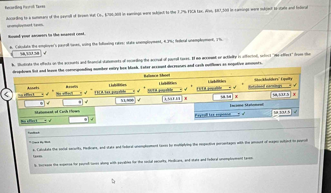 Recording Payroll Taxes 
According to a summary of the payroll of Brown Hat Co., $700,000 in earnings were subject to the 7.7% FICA tax. Also, $87,500 in earnings were subject to state and federal 
unemployment taxes. 
Round your answers to the nearest cent. 
a. Calculate the employer's payroll taxes, using the following rates: state unemployment, 4.3%; federal unemployment, 1%.
58,537.50 √ 
b. Illustrate the effects on the accounts and financial statements of recording the accrual of payroll taxes. If no account or activity is affected, sefect "No effect" from the 
dropdown list and leave the corresponding number entry box blank. Enter account decreases and cash outflows as negative amounts. 
Balance Sheet 
Assets Assets Liabilities Liabilities Liabilities Stockholders' Equity 
No effect √ No effect √ FICA tax payable SUTA payable _▼ √ FUTA payable Retained earnings 
0 
o √
53,900 √ 2,517.11 x 58.54 x 58,537.5
Statement of Cash Flows Income Statement 
No effect √ 0 Payroll tax expense y √ 58,537.5
Feedback 
* Check My Work 
a. Calculate the social security, Medicare, and state and federal unemployment taxes by multiplying the respective percentages with the amount of wages subject to payroll 
taxes. 
b. Increase the expense for payroll taxes along with payables for the social security, Medicare, and state and federal unemployment taxes.