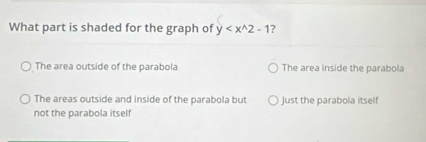 What part is shaded for the graph of y ?
The area outside of the parabola The area inside the parabola
The areas outside and inside of the parabola but Just the parabola itself
not the parabola itself