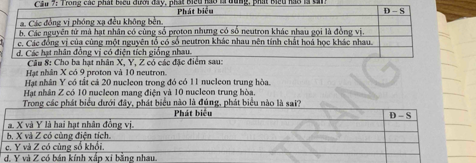 át biểu nào là đùng, phát Biểu nào là sải? 

Câu 8: Cho ba hạt nhân X, Y, Z có các đặc đi 
Hạt nhân X có 9 proton và 10 neutron. 
Hạt nhân Y có tất cả 20 nucleon trong đó có 11 nucleon trung hòa. 
Hạt nhân Z có 10 nucleon mang điện và 10 nucleon trung hòa. 
biểuiểu nào là đúng, phát biểu nào