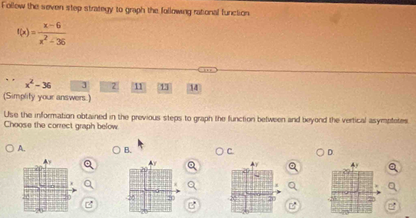 Follow the seven step strategy to graph the following rational function
f(x)= (x-6)/x^2-36 
x^2-36 3 2 11 13 14
(Simplify your answers.)
Use the information obtained in the previous steps to graph the function between and beyond the vertical asymptetes
Choose the correct graph below
A.
B.
C.
D.