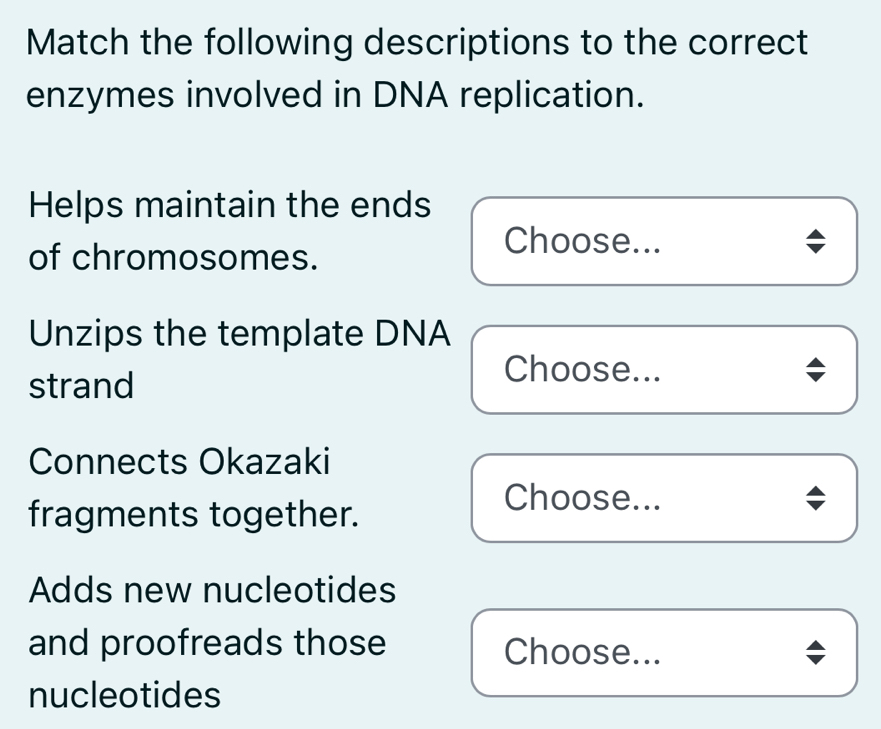 Match the following descriptions to the correct 
enzymes involved in DNA replication. 
Helps maintain the ends 
of chromosomes. 
Choose... 
Unzips the template DNA 
strand 
Choose... 
Connects Okazaki 
fragments together. 
Choose... 
Adds new nucleotides 
and proofreads those Choose... 
nucleotides