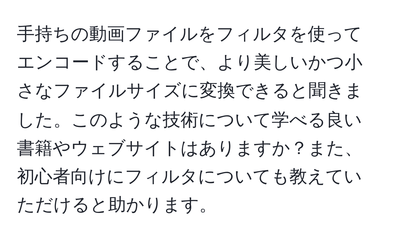 手持ちの動画ファイルをフィルタを使ってエンコードすることで、より美しいかつ小さなファイルサイズに変換できると聞きました。このような技術について学べる良い書籍やウェブサイトはありますか？また、初心者向けにフィルタについても教えていただけると助かります。