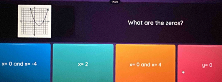 17/20
What are the zeros?
x=0 and x=-4 x=2 x=0 and x=4 y=0