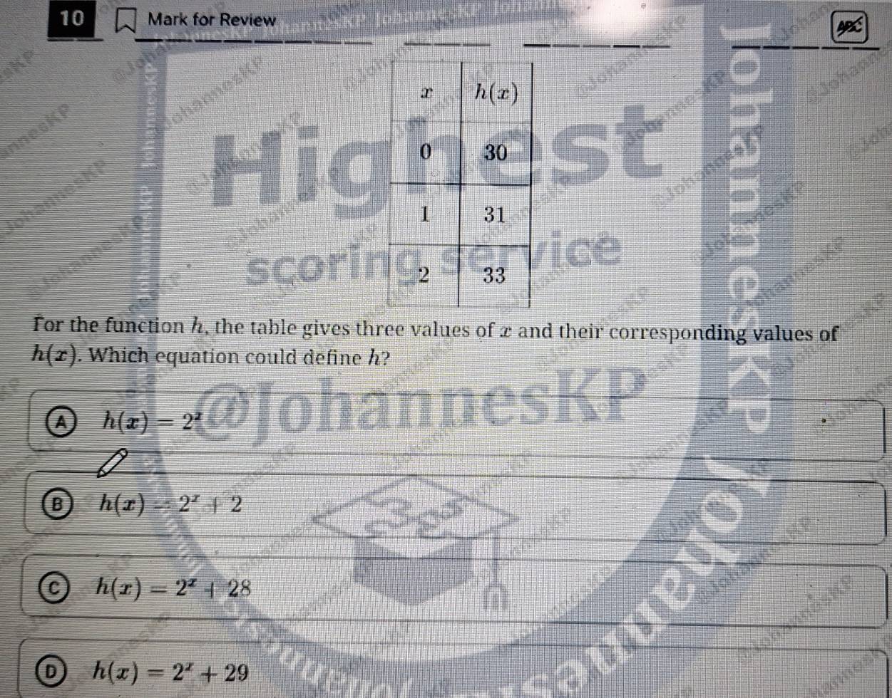for Review
ABC
scor
For the function h, the table gives three values of 2 and their corresponding values of
h(x). Which equation could define h?
a h(x)=2^2
B h(x)=2^x+2
C h(x)=2^x+28
D h(x)=2^x+29
