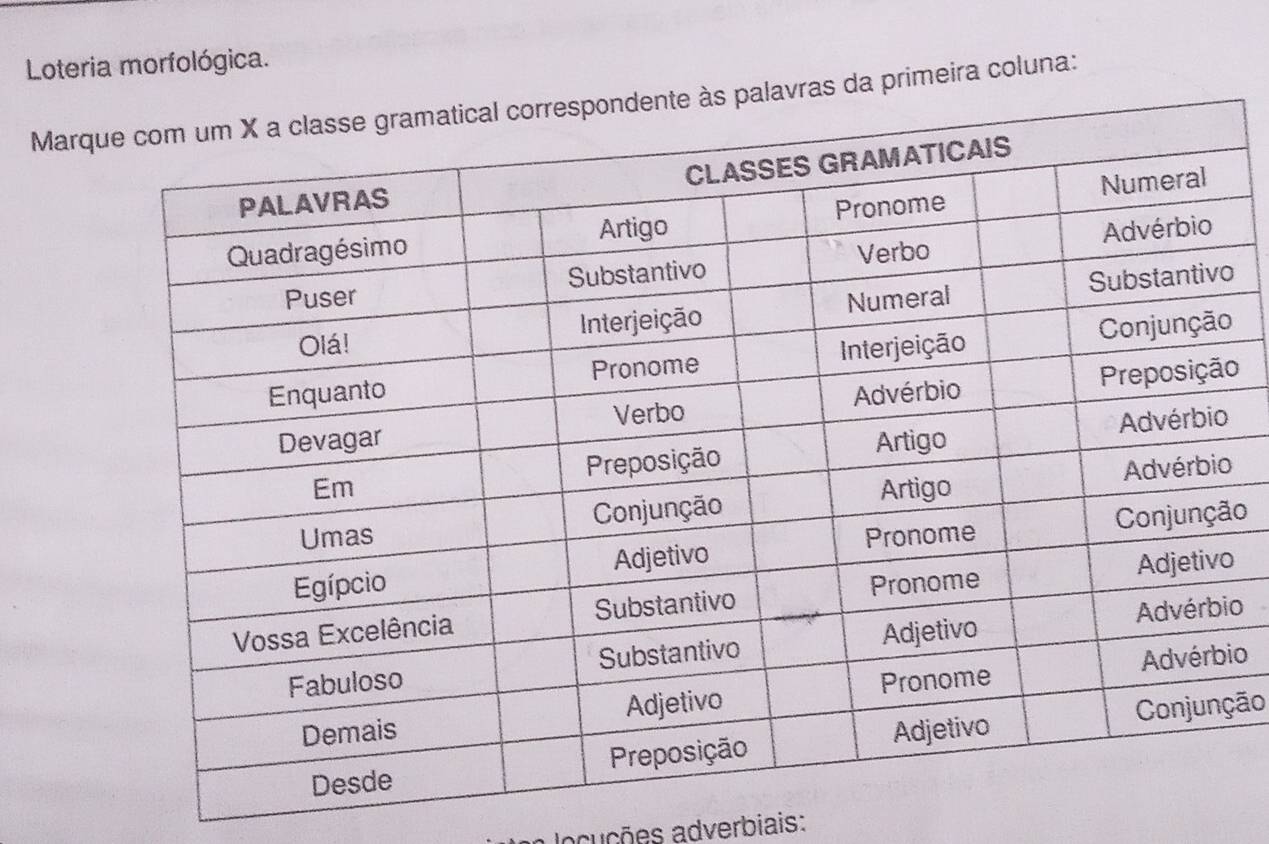 Loteria morfológica. 
Marq da primeira coluna: 
o 
o 
o 
o 
io 
ção 
a locuções adverbiais: