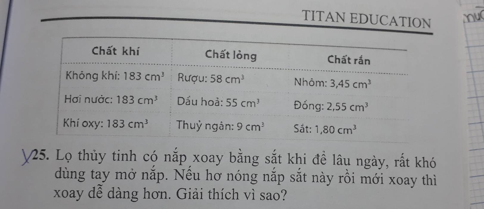 TITAN EDUCATION
25. Lọ thủy tinh có nắp xoay bằng sắt khi để lâu ngày, rất khó
dùng tay mở nắp. Nếu hơ nóng nắp sắt này rồi mới xoay thì
xoay dễ dàng hơn. Giải thích vì sao?