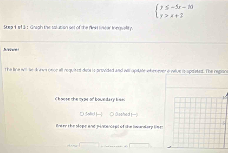 beginarrayl y≤ -5x-10 y>x+2endarray.
Step 1 of 3 : Graph the solution set of the first linear inequality.
Answer
The line will be drawn once all required data is provided and will update whenever a value is updated. The region
Choose the type of boundary line:
16
○ Solid (—) Dashed (--)
Enter the slope and y-intercept of the boundary line:
sinne