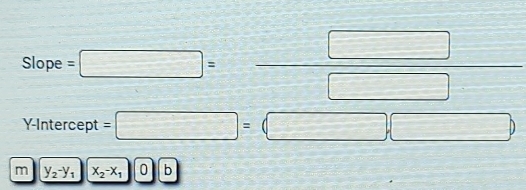 lope e=□ = □ /□  
Y-Intercept =□ =(□ ,□ )
m y_2-y_1 x_2-x_10b