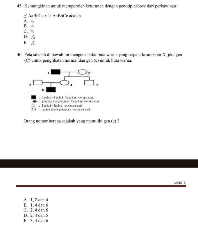Kemungkinan untuk memperoleh keturunan dengan genotip aabbcc dari perkawinan :
AaBbCc x AaBbCc adalah
A. ½
B. ¼
C. ¾
D. X_16
E. 1/64
46. Peta silsilah di bawah ini mengenai sifat buta warna yang terpaut kromosom X, jika gen
(C) untuk penglihatan normal dan gen (c) untuk buta warna.
: laki-laki buta warna
perempuan buta warna
: laki-laki normal
: perempuan normal
Orang nomor berapa sajakah yang memiliki gen (c) ?
PAKET 5
A. 1, 2 dan 4
B. 1, 4 dan 6
C. 2, 4 dan 6
D. 2, 4 dan 5
E. 3, 4 dan 6