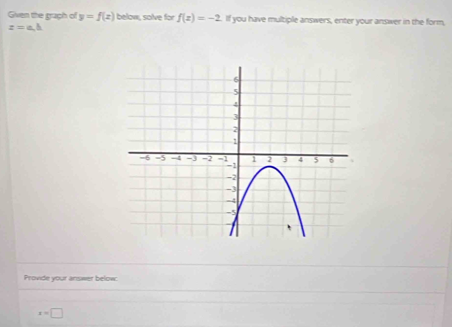 Given the graph of y=f(x) below, solve for f(x)=-2 If you have multiple answers, enter your answer in the form,
z=a,b. 
Provide your answer below:
x=□