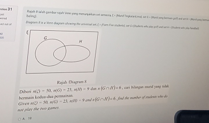 stion 31 Rajah 8 ialah gambar rajah Venn yang menunjukkan set semesta, ( = (Murid TingkatanLimal, set G × (Marid yong bermain golf) and set H » (Murid yang berma
yet baling.
nd 
led out of Diagram 8 is a Venn diagram showing the Universal set, ξ = (Form Five students), sef C= (Students who play golf) and set H » (Students who play handball)
Jon
Rajah /Diagram 8
Diberi n(xi )=50, n(G)=23, n(H)=9dan n(G∩ H)=6 , cari bilangan murid yang tidak 
bermain kedua-dua permainan.
Given n(Z)=50, n(G)=23, n(H)=9 and n(G∩ H)=6 , find the number of students who do 
not play the two games.
A. 18