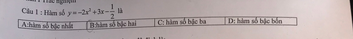 Tác nghệm 
Câu 1 : Hàm số y=-2x^2+3x- 1/2 la