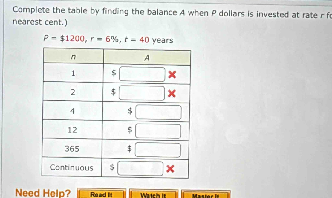 Complete the table by finding the balance A when P dollars is invested at rate r fo
nearest cent.)
P=$1200,r=6% ,t=40 years
Need Help? Read It Watch It Master it