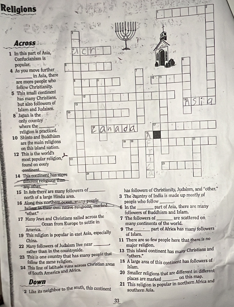 Religions 
Across 
1 In this part of Asia, 
Confucianism is 
popular, 
4 As you move further 
_in Asia, there 
are more people who 
follow Christianity. 
5 This small continent 
has many Christians, 
but also followers of 
Islam and Judaism.
8^1 Japan is the 
only country 
where the_ 
religion is practiced.
10 Shinto and Buddhis 
are the main religio 
on this island nation 
12 This is the world's 
most popular religio 
found on every 
continent 
14 This continent has 
different religions t 
any other. 
15 In Asia there are m 
north of a large Hi 
16 Along this northern ocean, many people people who follow _. 
believe in their own native religions, marked. 6 In the _ part of Asia, there are many 
“other.” followers of Buddhism and Islam. 
17 Many Jews and Christians sailed across the 7 The followers of _are scattered on 
_Ocean from Europe to settle in many continents of the world. 
America. 
19 This religion is popular in east Asia, especially 9 The _part of Africa has many followers 
of Islam. 
China. 11 There are so few people here that there is no 
22 Many followers of Judaism live near _major religion. 
rather than in the countryside. 13 This island continent has many Christians and 
23 This is one country that has many people that “others.” 
follow the same religion. 18 A large area of this continent has followers of 
24 This line of latitude runs across Christian areas 
Islam. 
of South America and Africa.
20 Smaller religions that are different in different 
places are marked 
Down _on this map.
2 Like its neighbor to the south, this continent 21 This religion is popular in northern Africa and 
southern Asia.
33