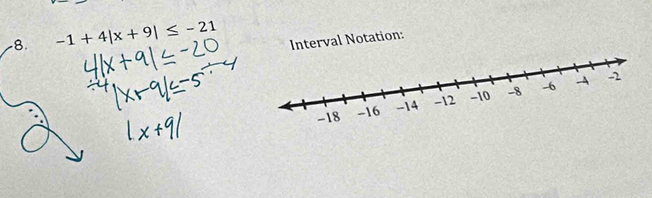 -1+4|x+9|≤ -21 Interval Notation: