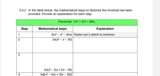 Solved: In the table below, the mathematical steps to factorize the ...