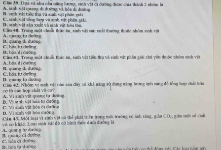 Dựa và nhu cầu năng lượng, sinh vật dị đưỡng được chia thành 2 nhóm là
A. sinh vật quang dị đưỡng và hóa dị dưỡng
B. sinh vật tiểu thụ và sinh vật phân giải.
C. sinh vật tổng hợp và sinh vật phân giải.
D. sinh vật sản xuất và sinh vật tiêu thụ.
Câu 40. Trong một chuỗi thức ăn, sinh vật sản xuất thường thuộc nhóm sinh vật
A. quang tự đưỡng
B. quang di dưỡng
C. hỏa tư dưỡng
D. hóa dị dường
Câu 41. Trong một chuỗi thức ăn, sinh vật tiêu thụ và sinh vật phần giải chủ yếu thuộc nhóm sinh vật
A. hóa dị dưỡng
B. quang dị dưỡng.
C. hóa tư dưỡng.
D. quang tự dưỡng
Câu 42. Nhóm vi sinh vật nào sau đây có khả năng sử dụng năng lượng ánh sáng để tổng hợp chất hữu
cơ từ các hợp chất vô cơ?
A. Vi sinh vật quang tự dưỡng.
B. Vi sinh vật hóa tự dưỡng
C. Vị sinh vật hóa dị dường
D. Vi sinh vật hóa dường.
Câu 43, Một loại vi sinh vật có thể phát triển trong môi trường có ánh sáng, giàu CO_2 , giàu một số chất
vô cơ khác. Loại sinh vật đó có hình thức dinh đưỡng là
A. quang tự dưỡng
B. quang di dưỡng.
C. hóa dị dưỡng
D. hóa tự dưỡng ao đa trên cơ thể động vật. Các loại nằm này