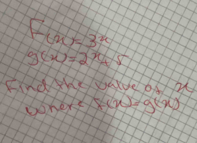 F(x)=3^x
g(x)=2x+5

X
ooheke x(x)=g(x)