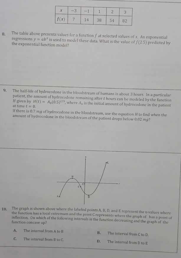 8, The table above presents values for a function f at selected values of x. An exponential
regressions y=ab^x is used to model these data. What is the value of f(2.5) predicted by
the exponential function model?
9. The half-life of hydrocodone in the bloodstream of humans is about 3 hours In a particular
patient, the amount of hydrocodone remaining after t hours can be modeled by the function
H given by H(t)=A_0(0.5)^t/3 , where A_0 is the initial amount of hydrocodone in the patient
at time t=0.
If there is 0.7 mg of hydrocodone in the bloodstream, use the equation H to find when the
amount of hydrocodone in the bloodstream of the patient drops below 0.02 mg?
10. The graph is shown above where the labeled points A, B, D, and E represent the x-values where
the function has a local extremum and the point C represents where the graph of has a point of
inflection. On which of the following intervals is the function decreasing and the graph of the
function concave up?
A. The interval from A to B. B. The interval from C to D.
C. The interval from B to C. D. The interval from D to E