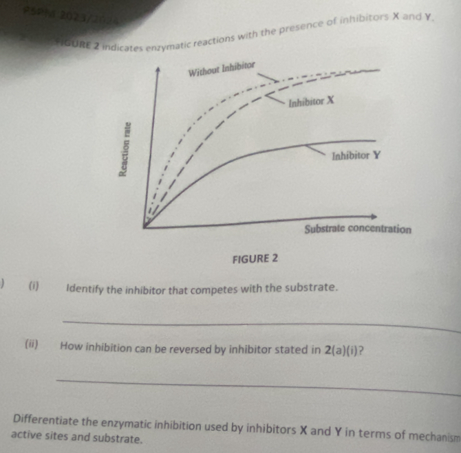 PSPM 2023/2024 
m oFIGURE 2 indicates enzymatic reactions with the presence of inhibitors X and Y
 (i) Identify the inhibitor that competes with the substrate. 
_ 
(ii) How inhibition can be reversed by inhibitor stated in 2(a)(i)? 
_ 
Differentiate the enzymatic inhibition used by inhibitors X and Y in terms of mechanism 
active sites and substrate.