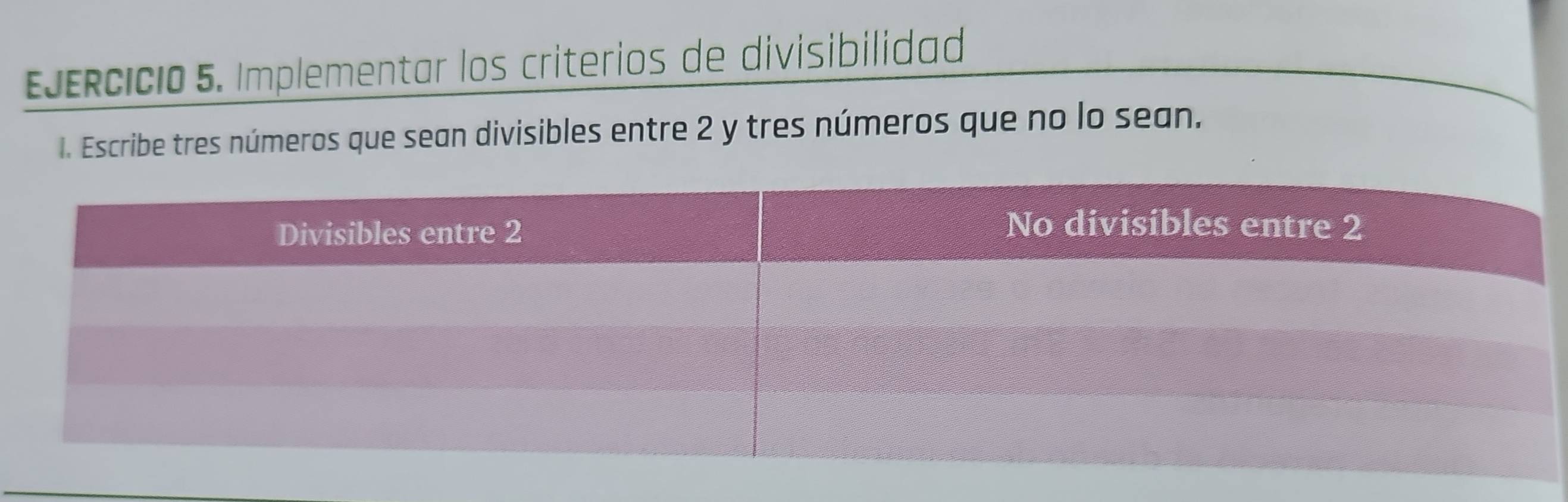 EJERCICi0 5. Implementar los criterios de divisibilidad 
1. Escribe tres números que sean divisibles entre 2 y tres números que no lo sean,