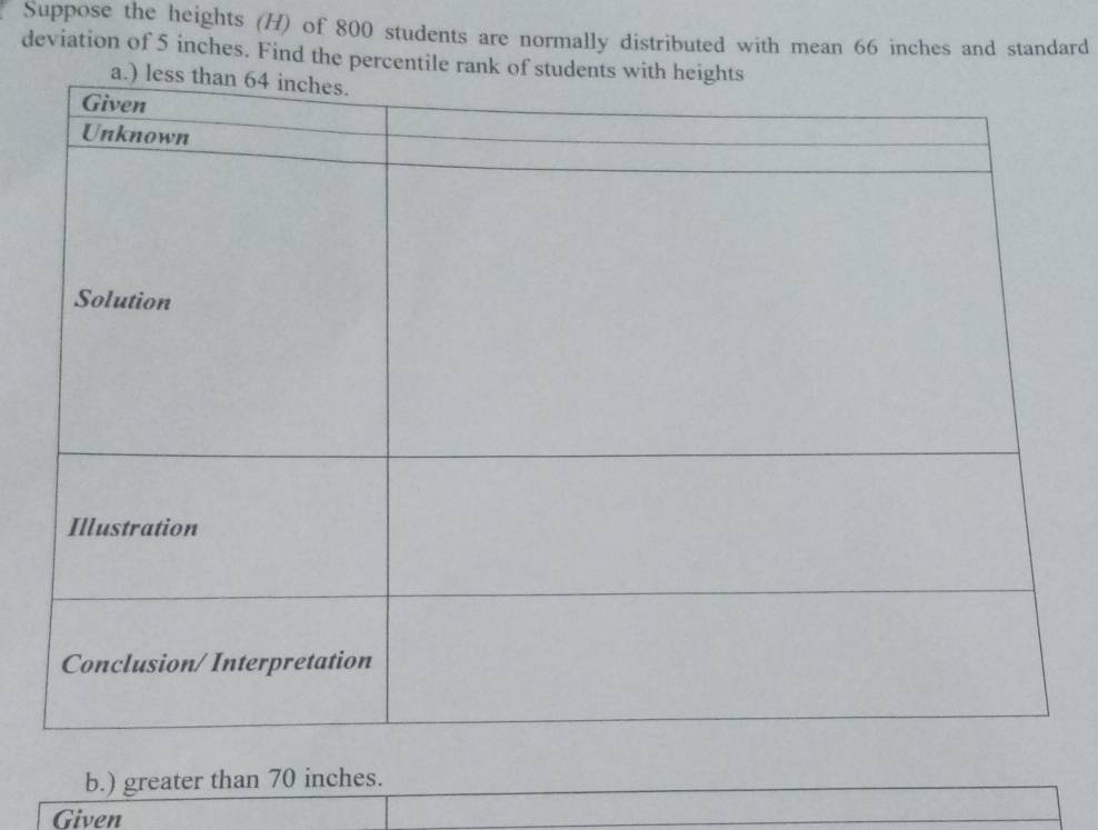 Suppose the heights (H) of 800 students are normally distributed with mean 66 inches and standard 
deviation of 5 inches. Find the percentile rank of students 
b.) greater than 70 inches. 
Given