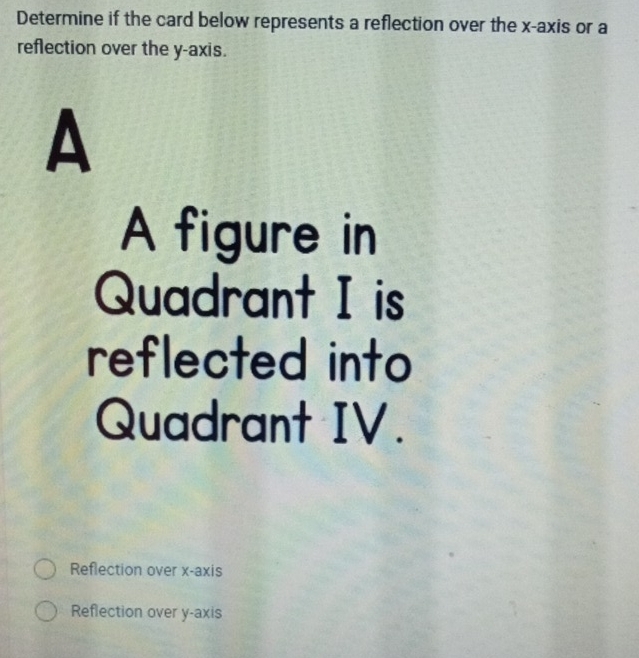 Determine if the card below represents a reflection over the x-axis or a
reflection over the y-axis.
A
A figure in
Quadrant I is
reflected into
Quadrant IV.
Reflection over x-axis
Reflection over y-axis