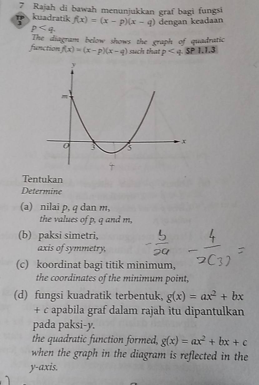 Rajah di bawah menunjukkan graf bagi fungsi 
kuadratik f(x)=(x-p)(x-q)
p. dengan keadaan 
The diagram below shows the graph of quadratic 
function f(x)=(x-p)(x-q) such that p. SP 1.1.3
Tentukan 
Determine 
(a) nilai p, q dan m, 
the values of p, q and m, 
(b) paksi simetri, 
axis of symmetry, 
(c) koordinat bagi titik minimum, 
the coordinates of the minimum point, 
(d) fungsi kuadratik terbentuk, g(x)=ax^2+bx
+ c apabila graf dalam rajah itu dipantulkan 
pada paksi- y. 
the quadratic function formed, g(x)=ax^2+bx+c
when the graph in the diagram is reflected in the 
y-axis.