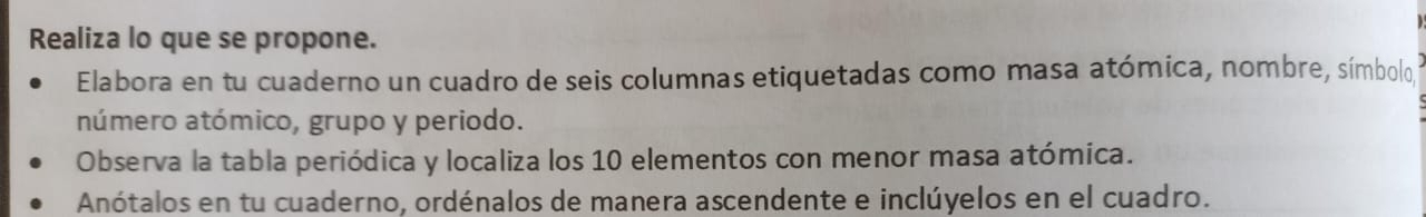 Realiza lo que se propone. 
Elabora en tu cuaderno un cuadro de seis columnas etiquetadas como masa atómica, nombre, símbolo 
número atómico, grupo y periodo. 
Observa la tabla periódica y localiza los 10 elementos con menor masa atómica. 
Anótalos en tu cuaderno, ordénalos de manera ascendente e inclúyelos en el cuadro.