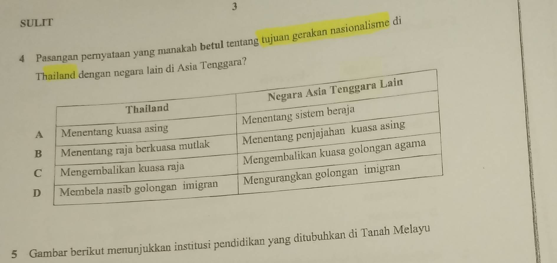 SULIT 
4 Pasangan pernyataan yang manakah betul tentang tujuan gerakan nasionalisme di 
ia Tenggara? 
5 Gambar berikut menunjukkan institusi pendidikan yang ditubuhkan di Tanah Melayu