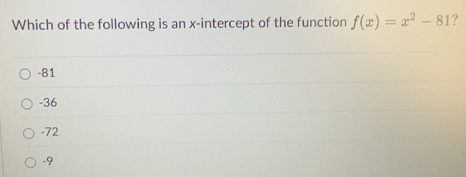 Solved: Which of the following is an x-intercept of the function f(x)=x ...
