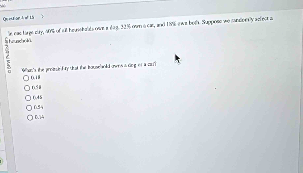 500
Question 4 of 15
In one large city, 40% of all households own a dog, 32% own a cat, and 18% own both. Suppose we randomly select a
household.
What's the probability that the household owns a dog or a cat?
0.18
0.58
0.46
0.54
0.14