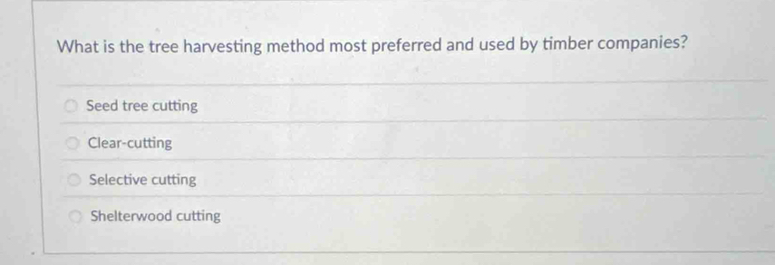 What is the tree harvesting method most preferred and used by timber companies?
Seed tree cutting
Clear-cutting
Selective cutting
Shelterwood cutting