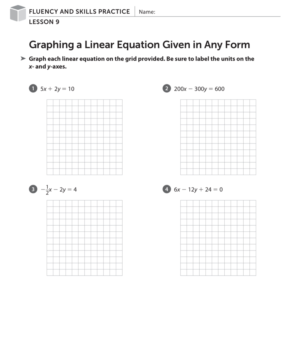 FLUENCY AND SKILLS PRACTICE Name: 
LESSON 9 
Graphing a Linear Equation Given in Any Form 
Graph each linear equation on the grid provided. Be sure to label the units on the
x - and y -axes. 
1 5x+2y=10
2 200x-300y=600
3 - 1/2 x-2y=4
4 6x-12y+24=0