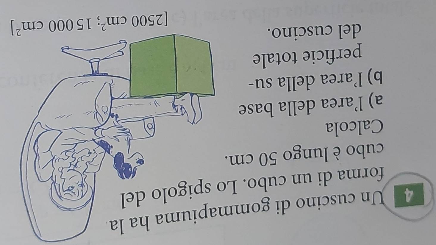 Un cuscino di gomm
forma di un cubo. L
cubo è lungo 50 cm.
Calcola
a) l’area della base
b) l’area della su-
perficie totale
del cuscino.